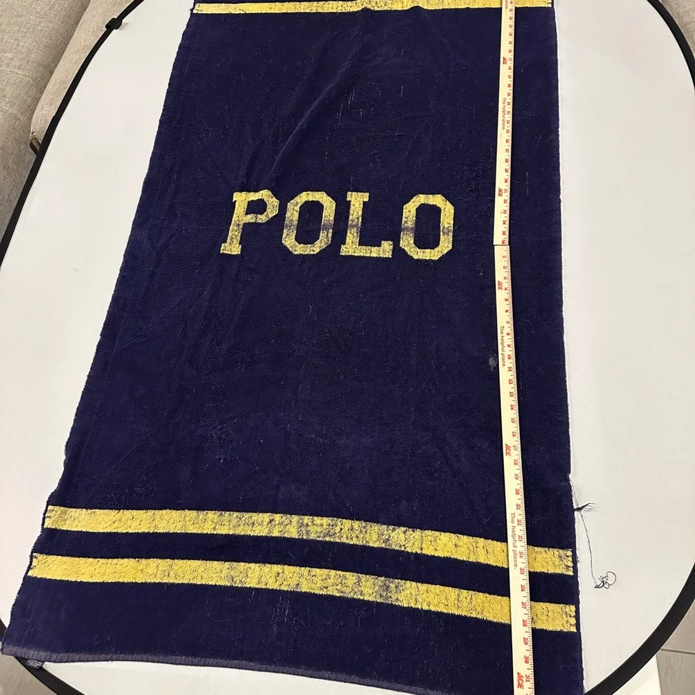 Vintage Polo Ralph Lauren Towel Beach Bath Navy Blue & Yellow Striped Spellout‎
